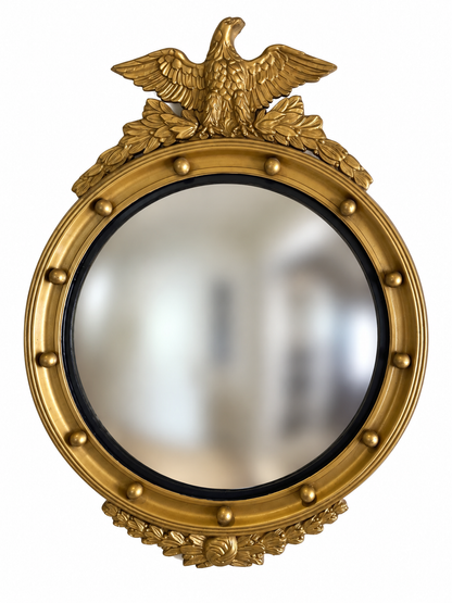 Vintage Federal Style Gilt Wood Convex Eagle Mirror | Gold Bullseye Mirror with Eagle & Laurel Crest | 28.5” H × 21.25” W