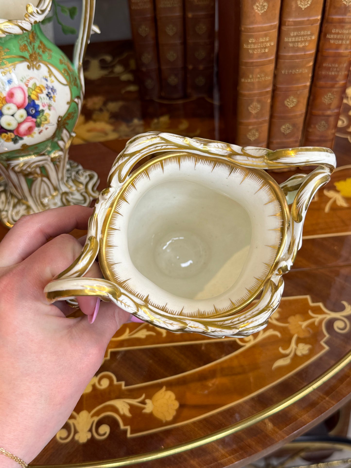 Rare Antique Pair of H.& R. Daniel Apple Green Scenic Vases | Named Views of Attingham Park, Shropshire | English Porcelain | c. 1840 | 8.5"H x 6.5"W x 4" | Style DA4447 (Copy)