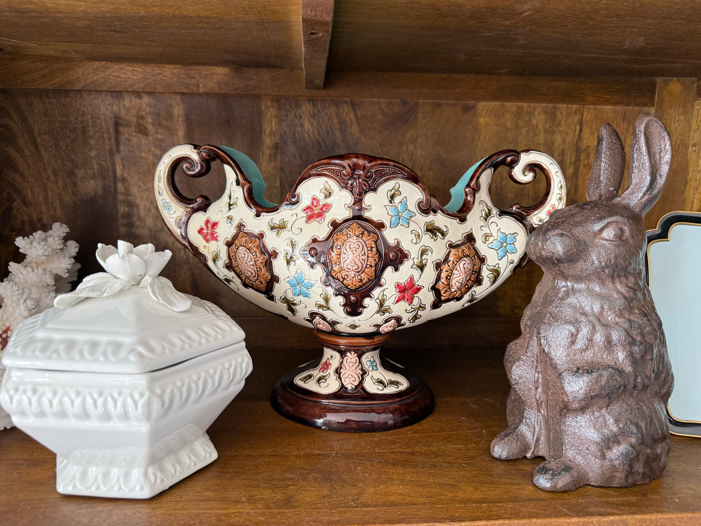 Antique Majolica 12” Pedestal Centerpiece Jardinière