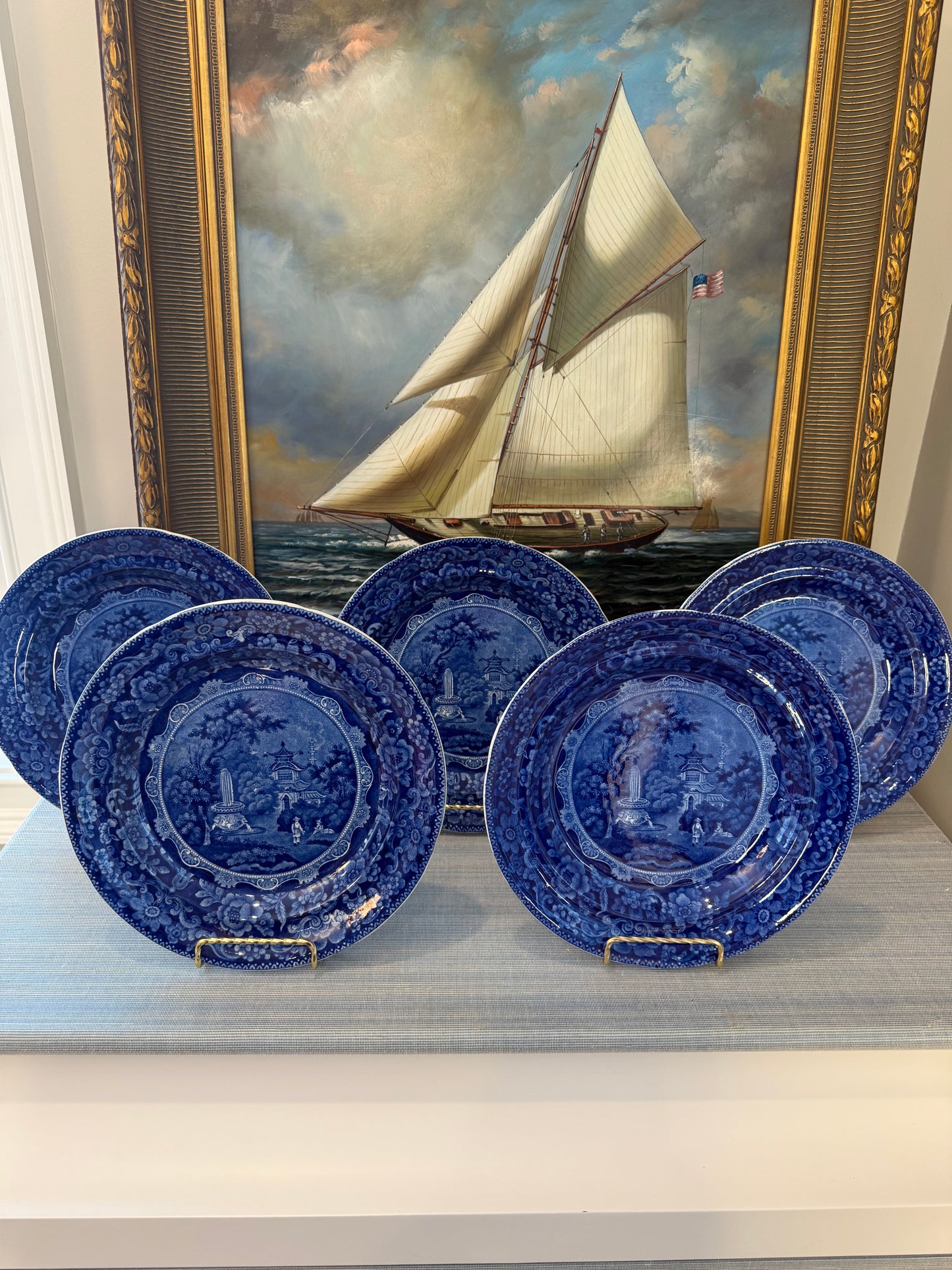 Stunning Set of 6 Antique Historical Blue Transferware 10” Plates