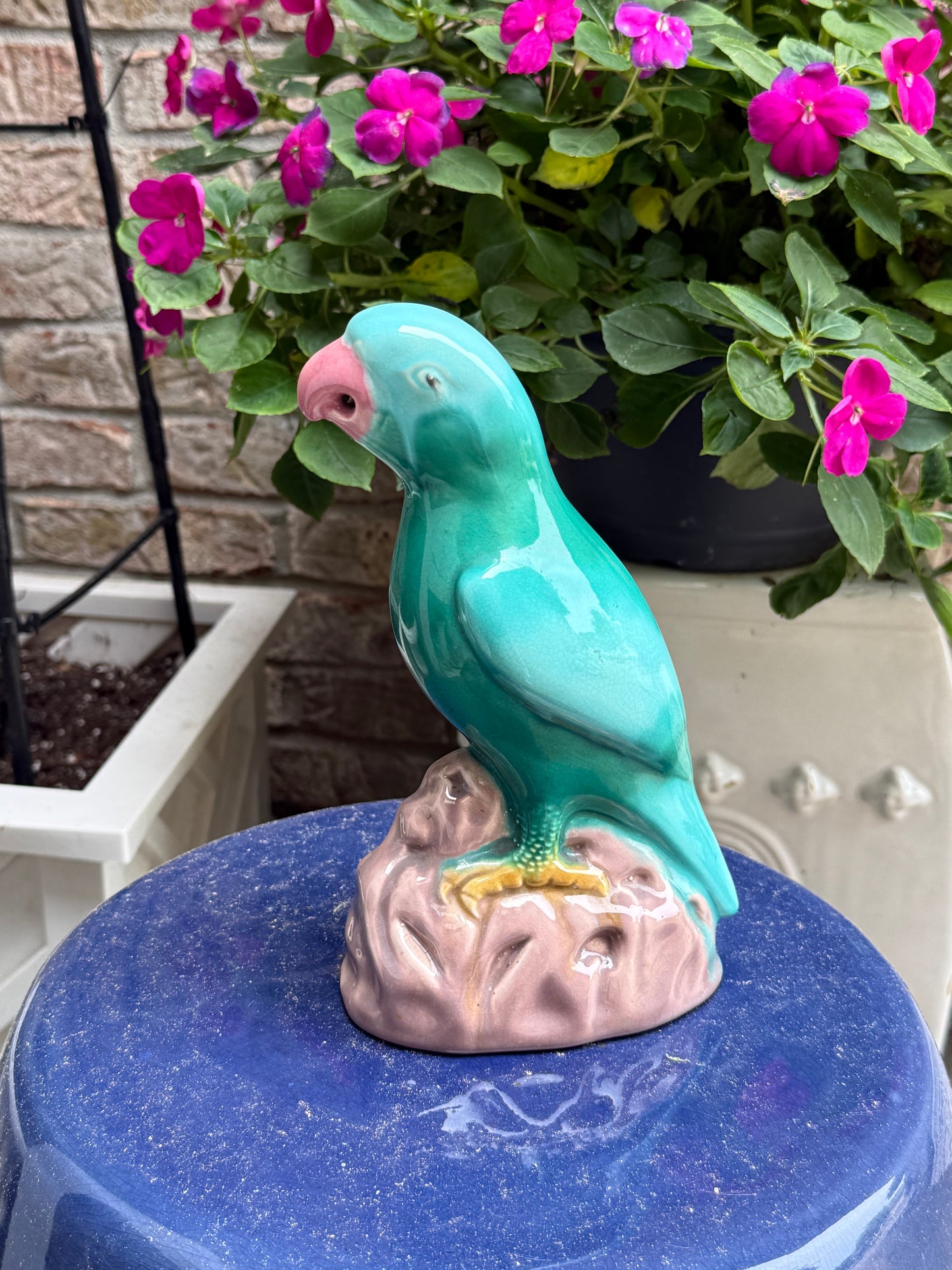 Antique Majolica Turquoise Parrot Figurine | 8.5” H