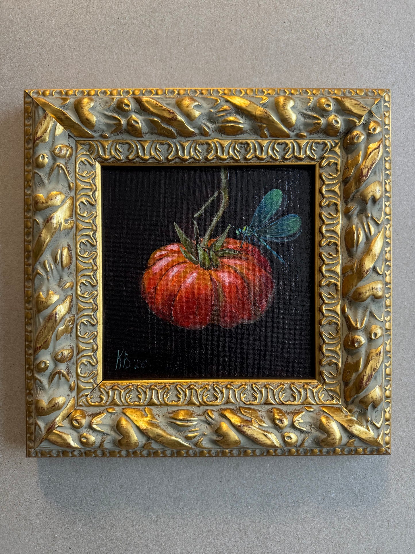 Reserved single tomato dragonfly original oil painting 9.5x9.5”