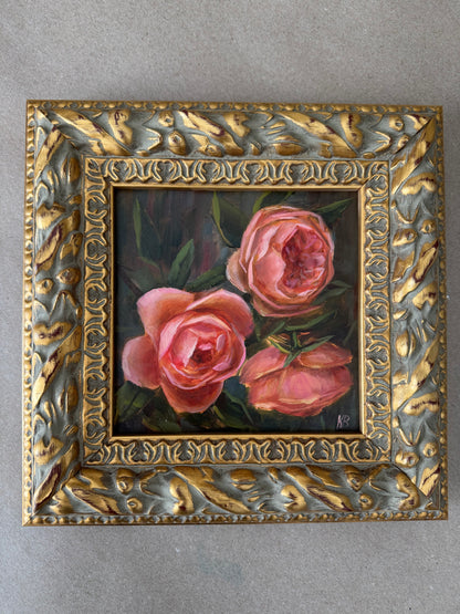 Original artwork “roses in the garden” 9 1/2 x 9 1/2” vintage style frame