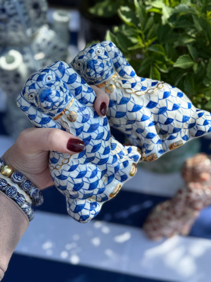 Danny’s Fine Porcelain Fishnet Blue & Rust Spaniel Dog Figure Pair W/ Gold Accent (2 colors to choose) 5.5”H X 9Lx2W