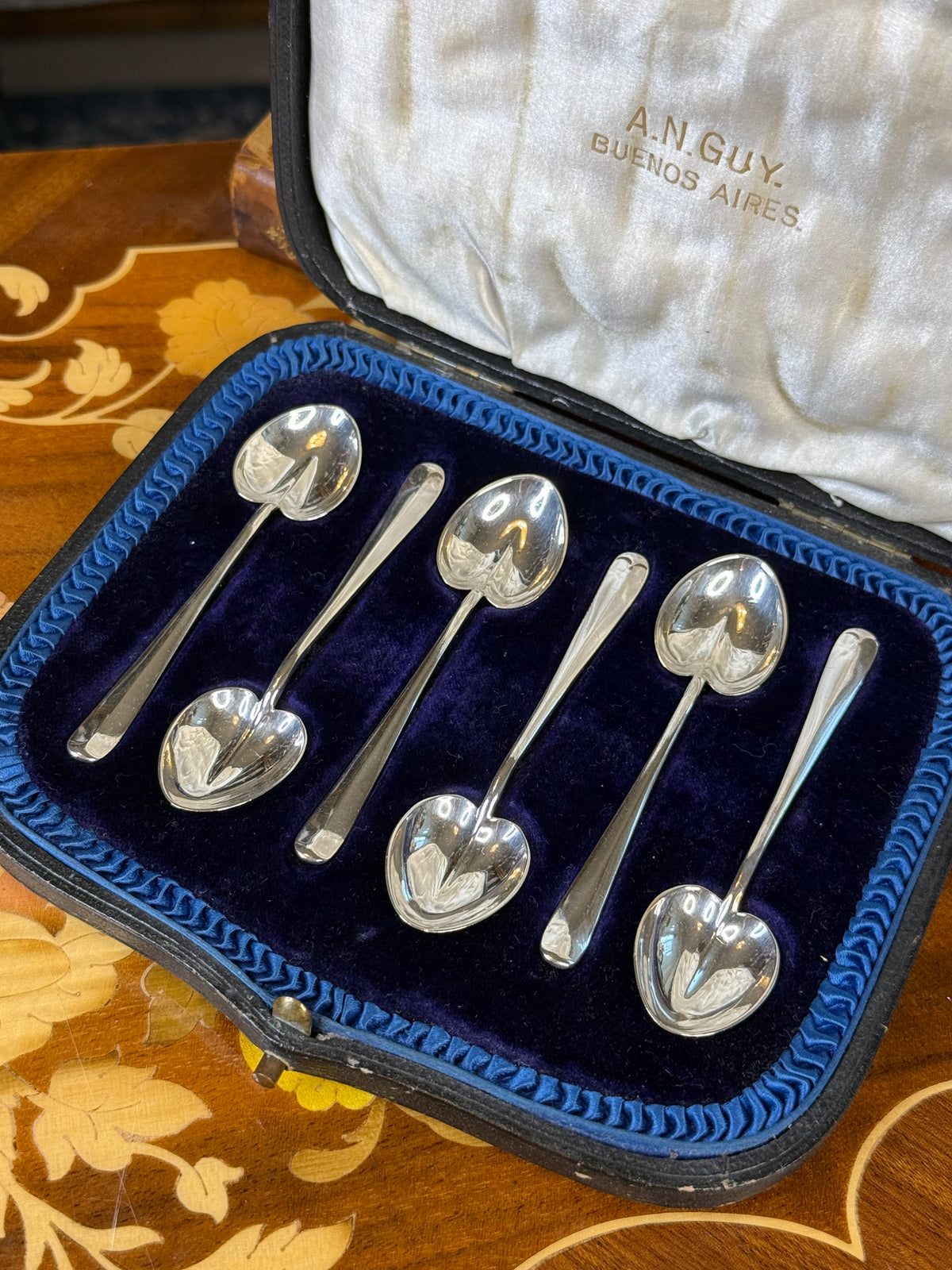 Antique Sterling Silver Heart-Shaped Coffee Spoons | Boxed Set of Six | A.N. Guy Buenos Aires | DA2652