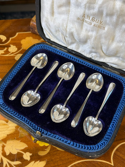 Antique Sterling Silver Heart-Shaped Coffee Spoons | Boxed Set of Six | A.N. Guy Buenos Aires | DA2652