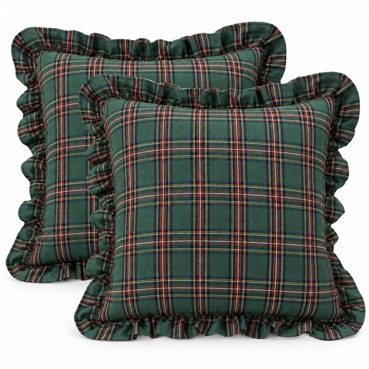 Green Plaid Christmas Plaid Ruffle Throw Pillow W/ Down Insert | 18 x 18"