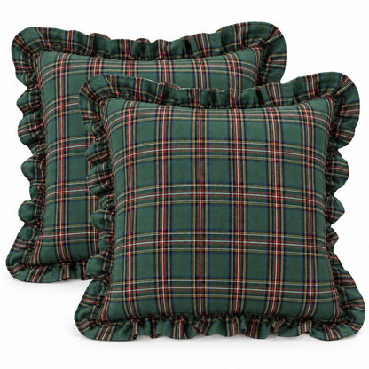 Green Plaid Christmas Plaid Ruffle Throw Pillow W/ Down Insert | 18 x 18"