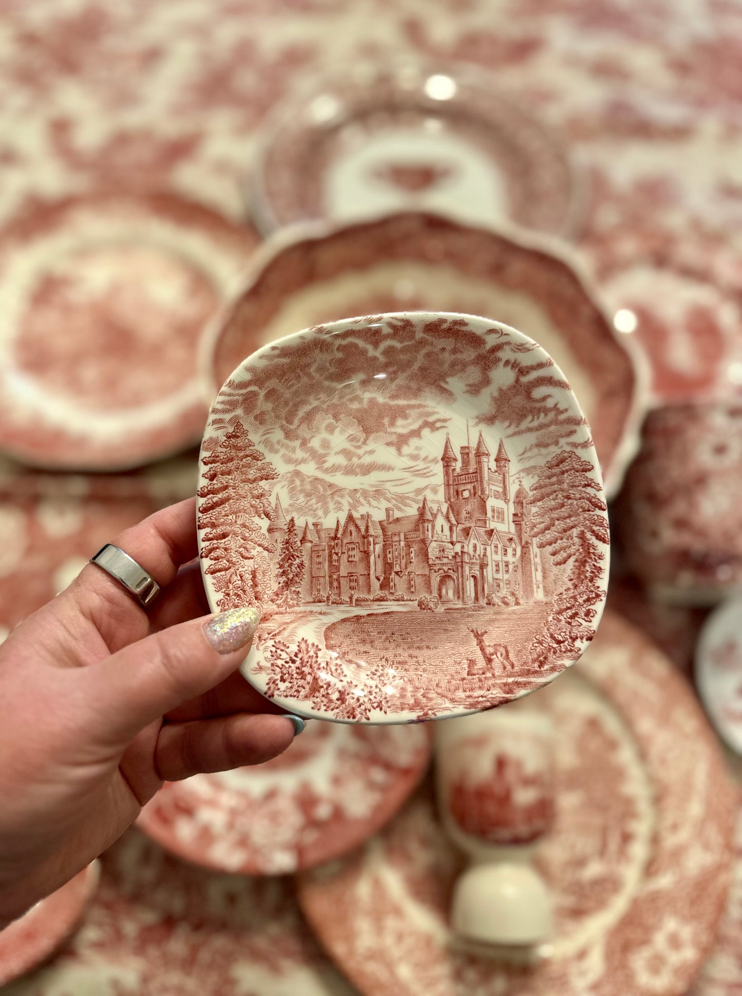 Enoch Wedgwood “Royal Homes of Britain” Pink Transferware Square Bread Plate | England, 5.25”
