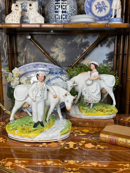 Antique Staffordshire Cow & Milkmaid Flatback Figures | Right & Left Pair | Victorian England | c.1860