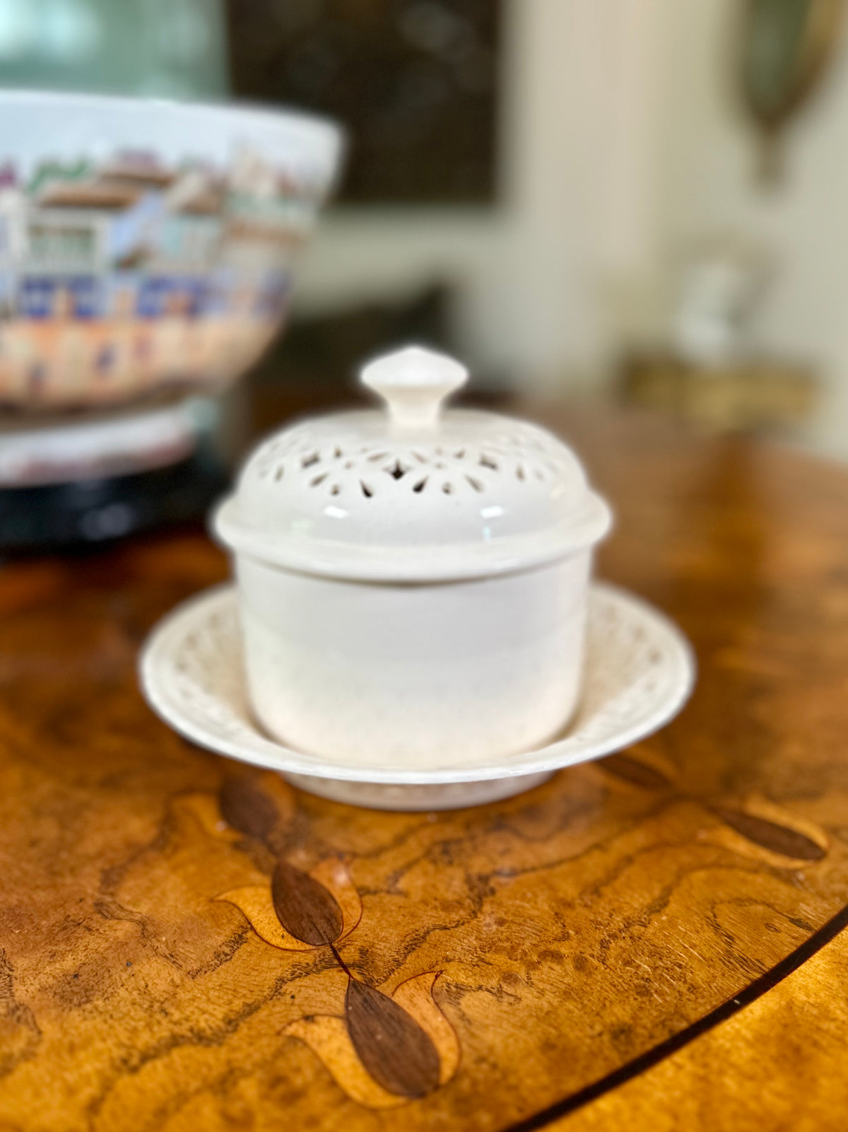 Vintage Hartley Greens & Co. Leeds Creamware Pierced Covered Butter Dish