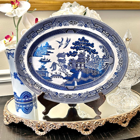 Older vintage antique blue willow by designer Johnson Brothers of England blue and white large oval platter