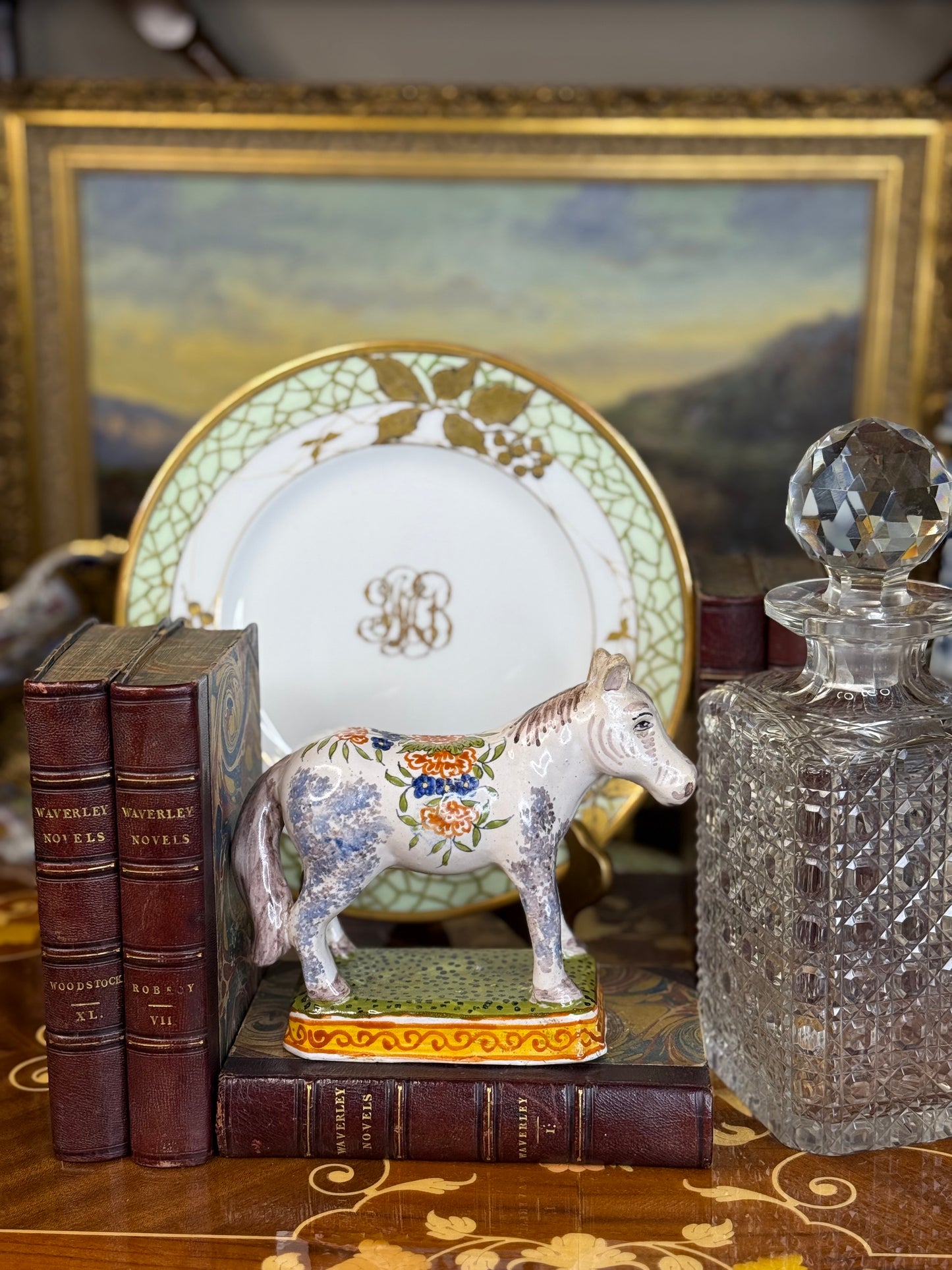 Antique French Faïence Donkey – Hand-Painted Desvres Pottery, Floral Saddle, c. 1880