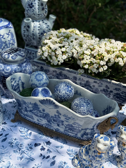 Danny's Fine Porcelain - Bronze Swan Handled Blue & White Oblong Planter - 17Lx6.5Wx6.5H