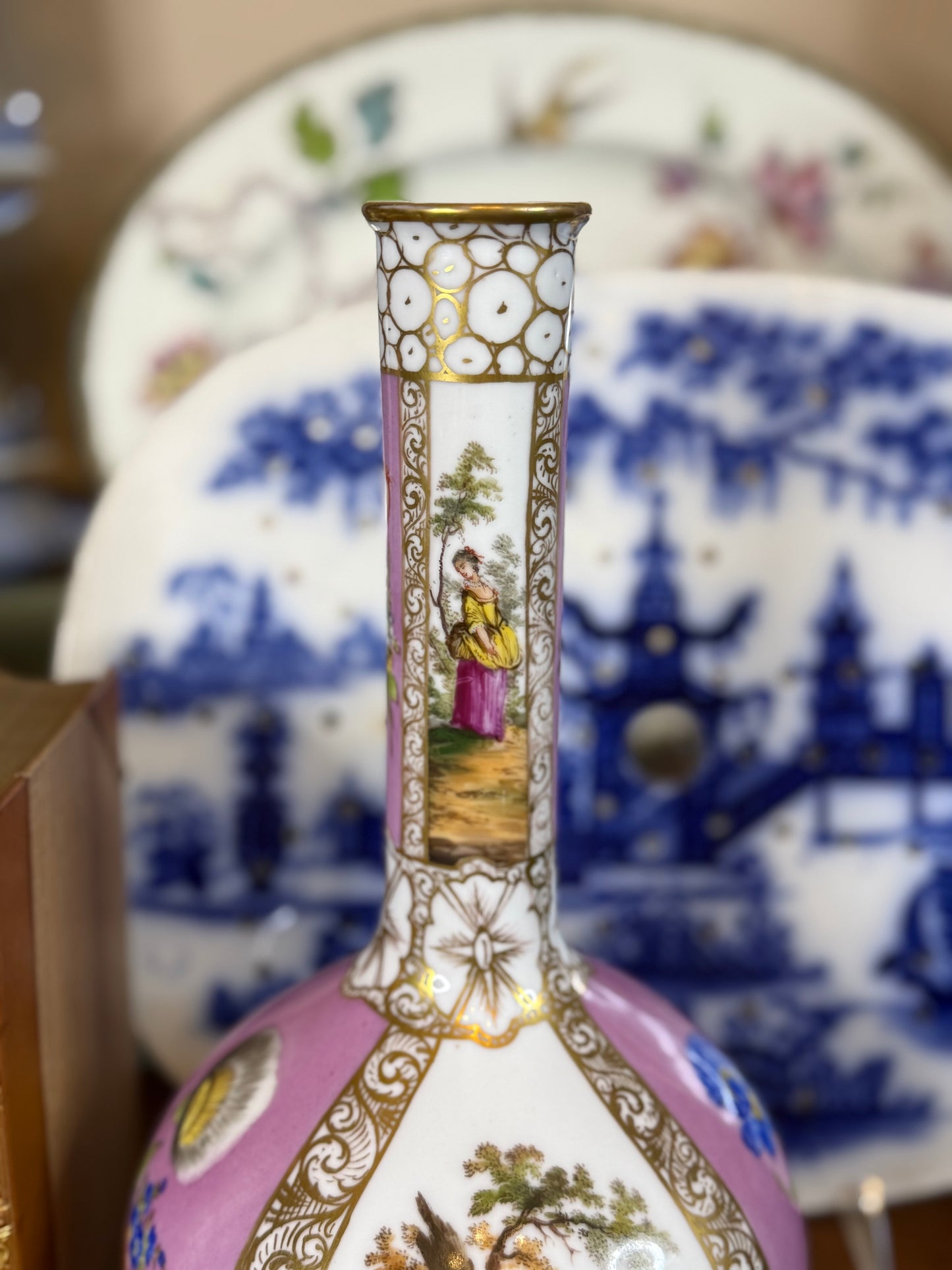 Antique Dresden Hand-Painted Cabinet Vase | Pink Ground & Gilt Porcelain | Romantic Scene | 9” Tall