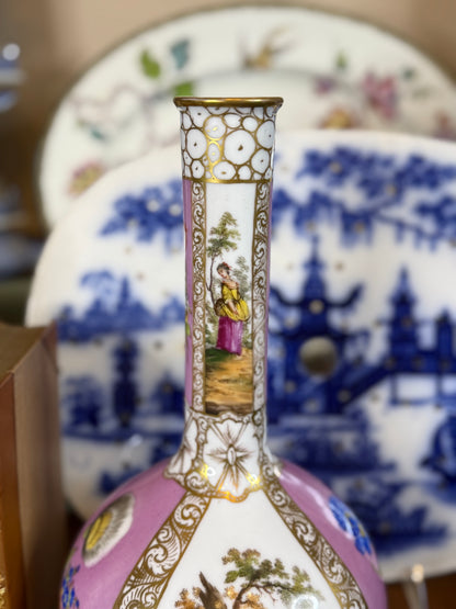 Antique Dresden Hand-Painted Cabinet Vase | Pink Ground & Gilt Porcelain | Romantic Scene | 9” Tall
