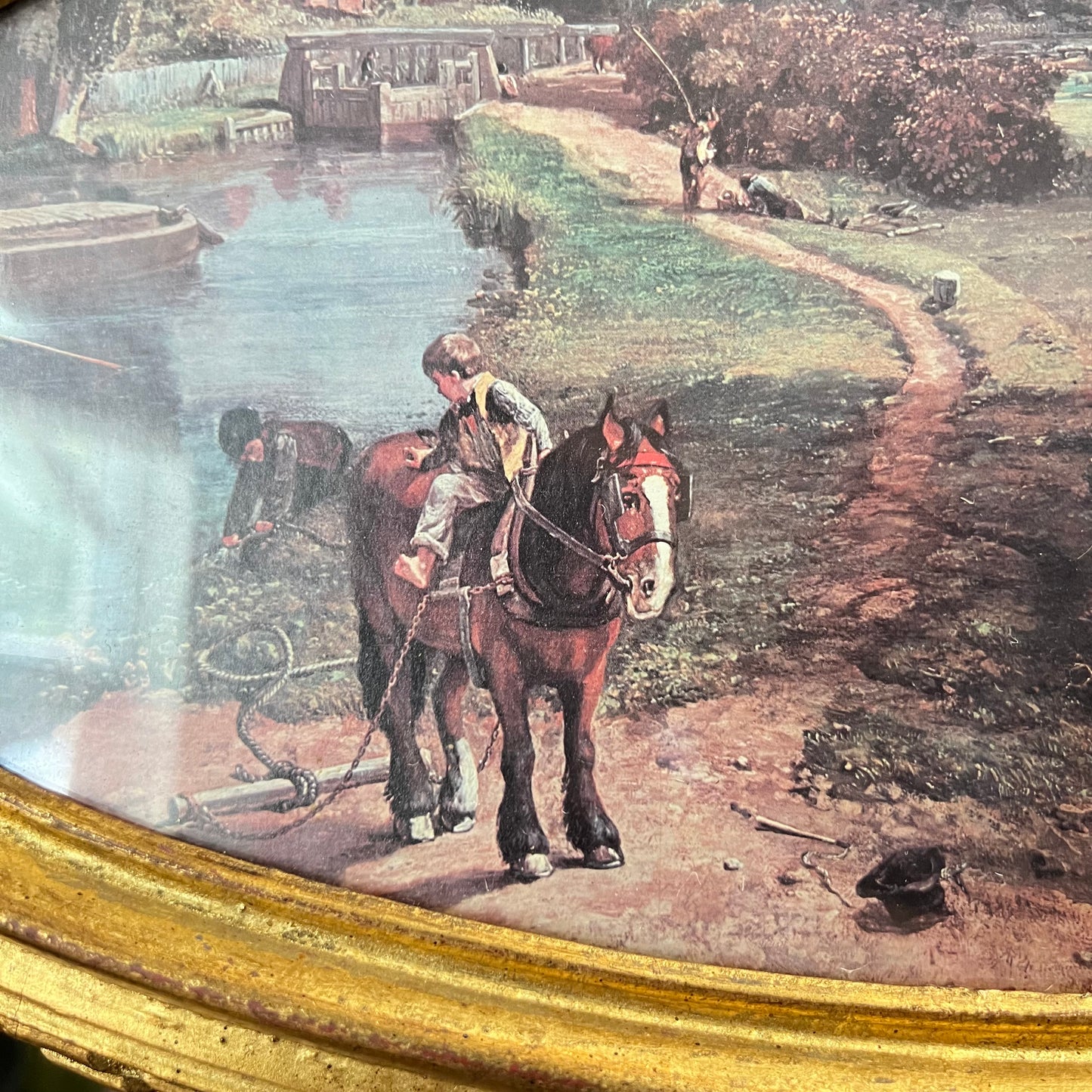 Vintage Landscape Equestrian Print in an Oval Gilded Frame