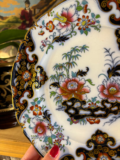 Antique Flow Blue dinner plate in the "Borneo" pattern by Ridgway & Abington!