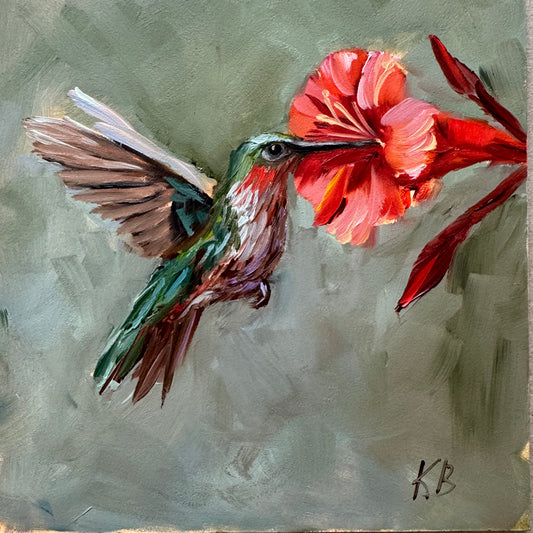 Live 08/11 Hummingbird and red flower original oil painting framed in wooden gold frame 9.5x9.5”