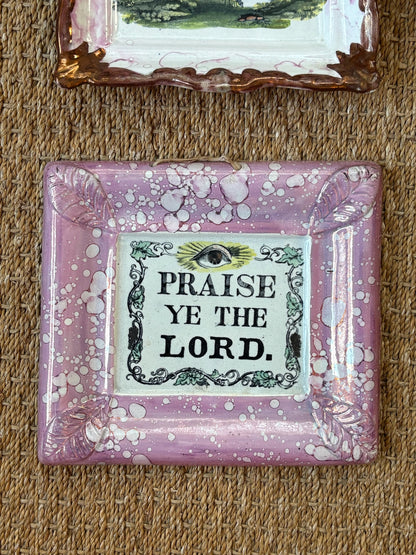WCCR Charitable Item #119 | Antique H. Albion Pink Lustre Ceramic Wall Plaque with All-Seeing Eye | “Praise Ye the Lord” | 10” x 9”