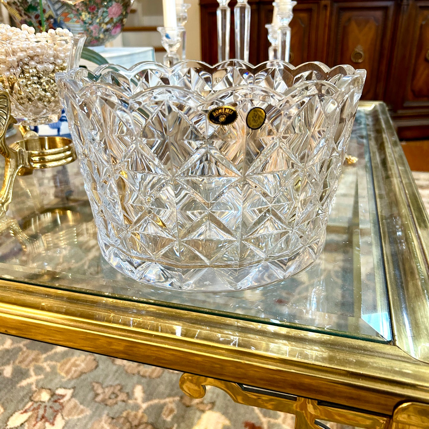 Sparkling vintage scalloped large designer Bohemian crystal centerpiece bowl.