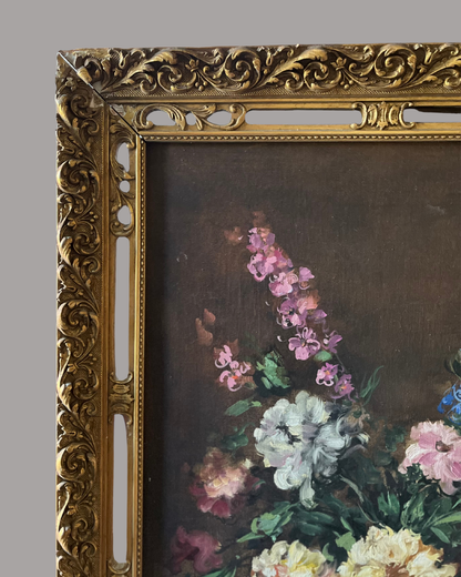 Gorgeous Large Signed Moody Floral Still Life - Fine Oil On Canvas/Elegant Pierced Wood Original Frame With Brass Name Plaque