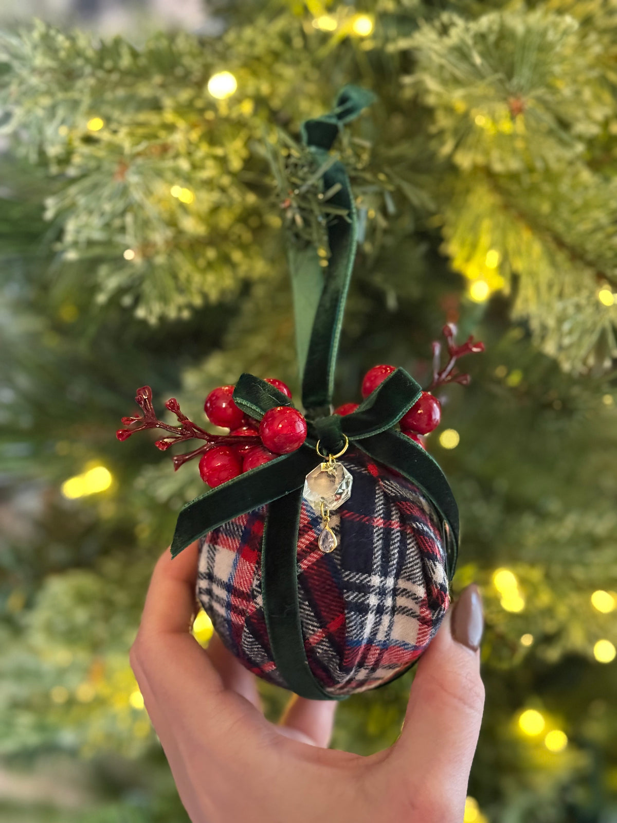 Custom Vintage Tartan RL Christmas Ornament | Velvet, Chandelier Crystal & Swarovski Drop | 3”