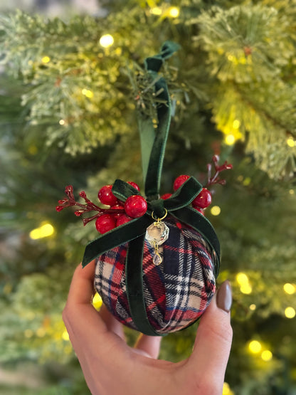 Custom Vintage Tartan RL Christmas Ornament | Velvet, Chandelier Crystal & Swarovski Drop | 3”