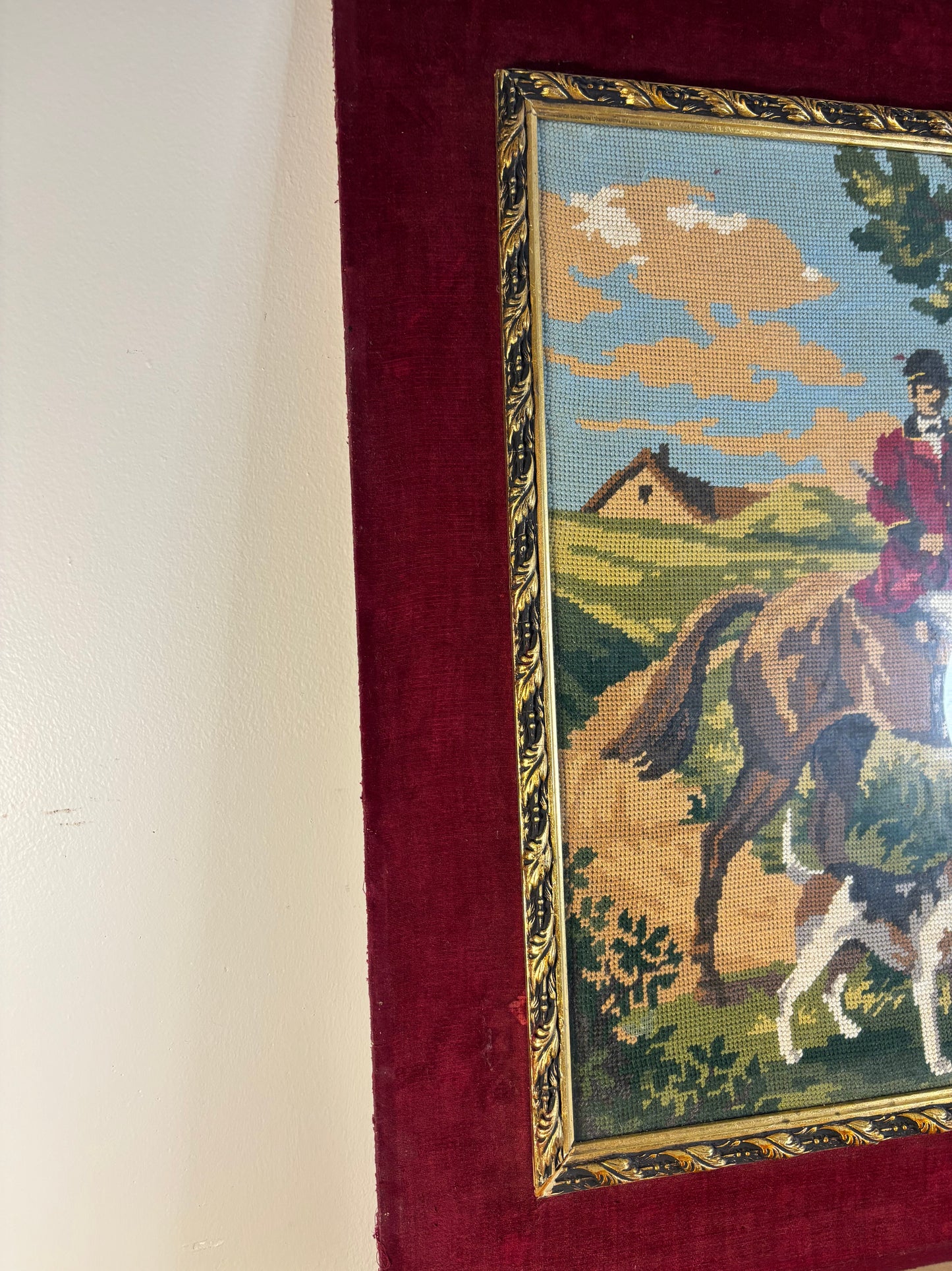 Stunning hunting scene needlepoint partially framed!