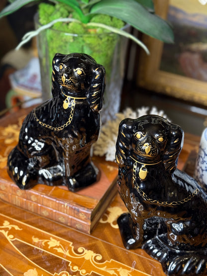 Antique 10” Tall English Black Staffordshire Mantle Dogs (c. 1890–1910) – Pair with Gilt Chain