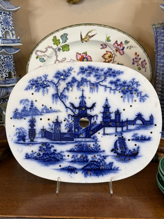 Antique 15X12"  Ridgway Flow Blue Pagoda Drainer | c.1830 | Style DA4359