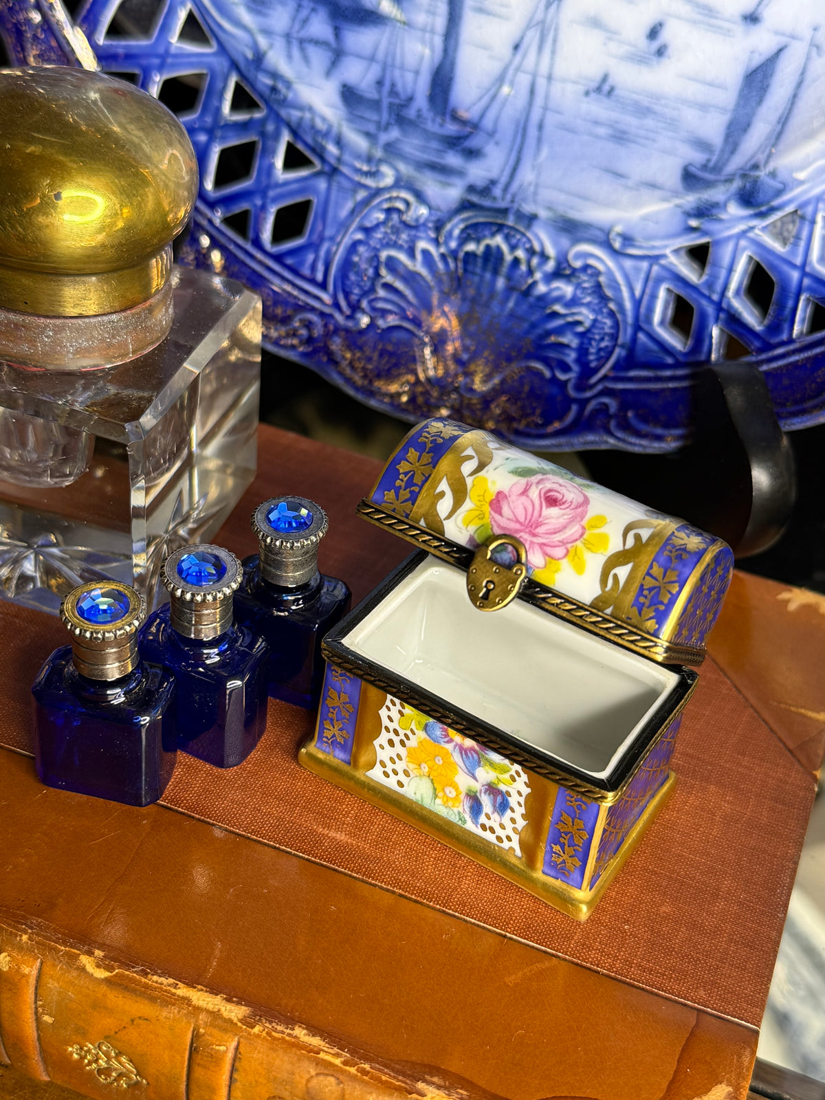 Vintage Limoges France Hand-Painted Porcelain Perfume Chest with 3 Cobalt Glass Bottles