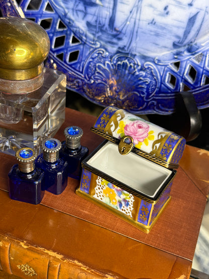 Vintage Limoges France Hand-Painted Porcelain Perfume Chest with 3 Cobalt Glass Bottles