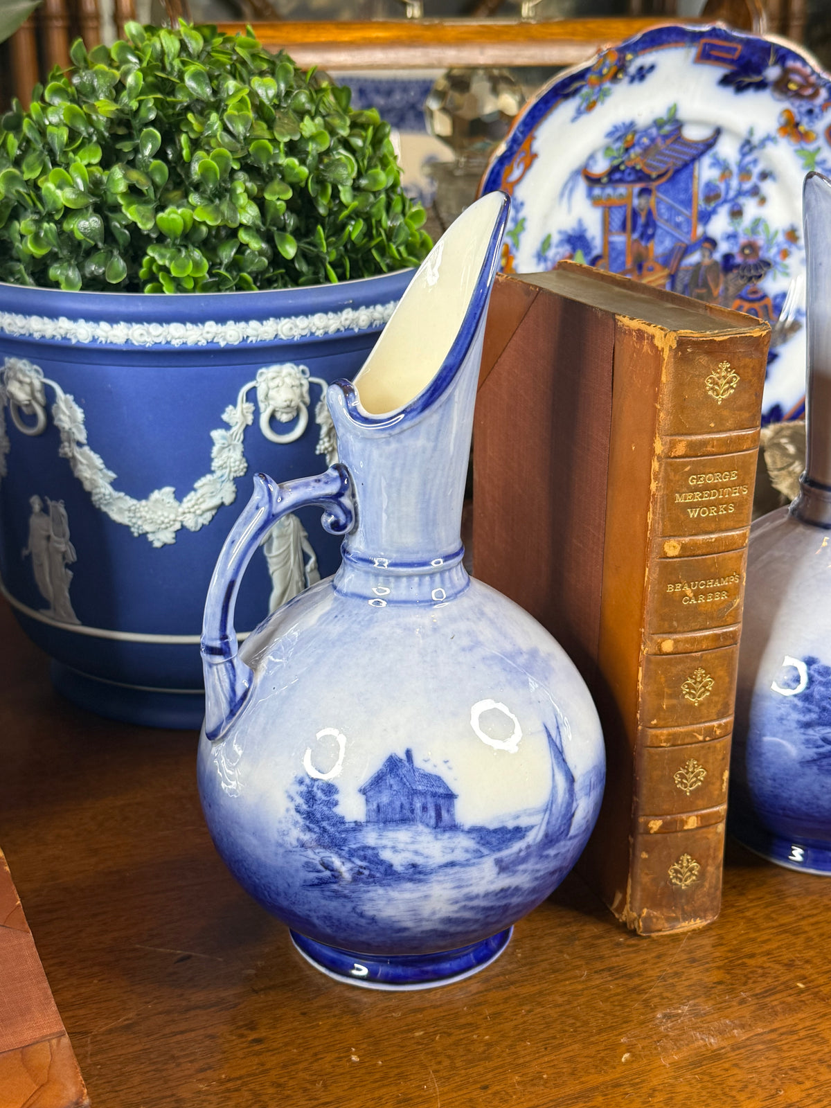 Pair of Keeling & Co. Blue & White Ship Ewers | 1886–1891 | 9"H x 15" Circumference | Style DA4502