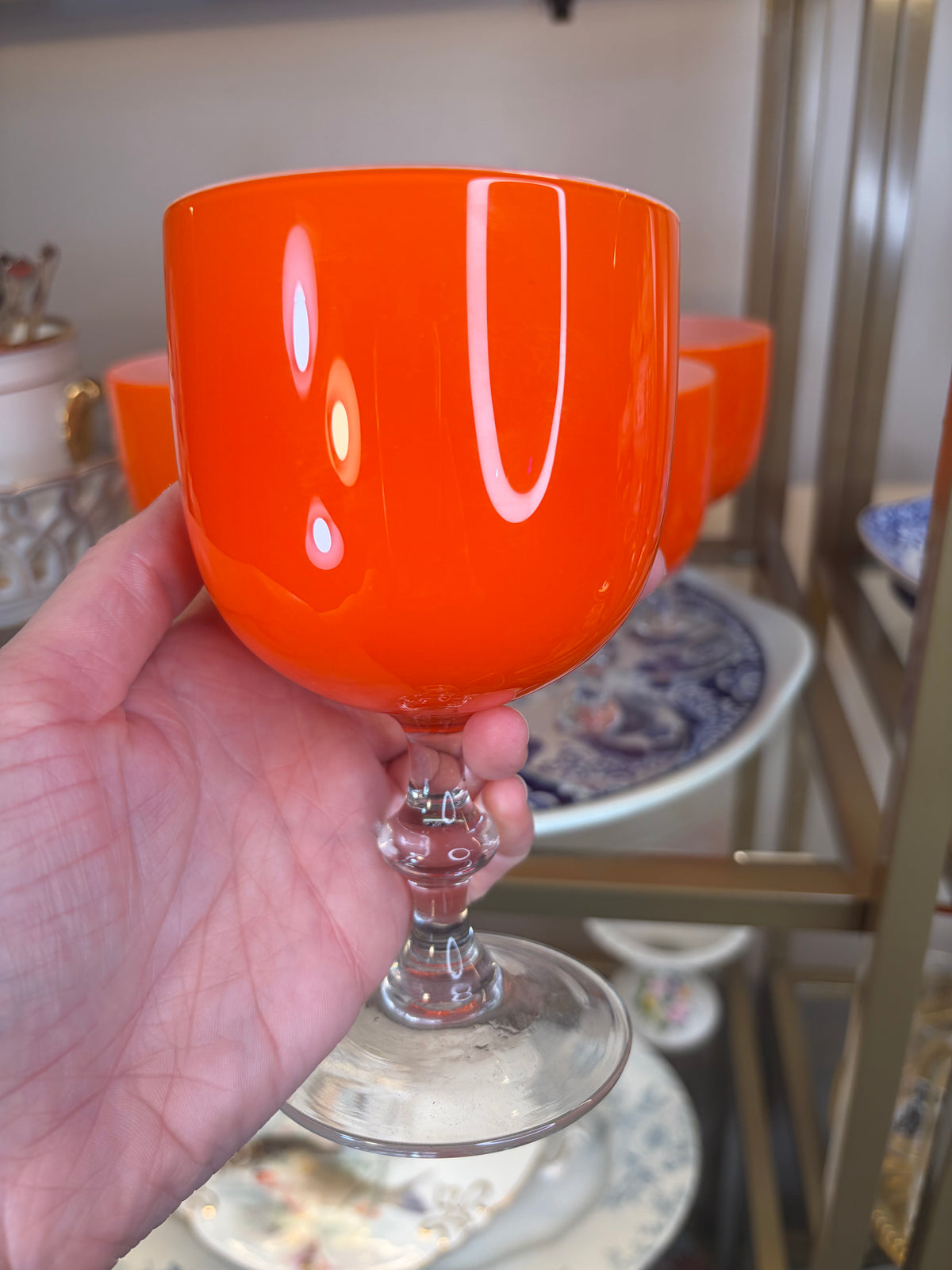 Stunning Carlo Moretti Italian orange encased white wine glasses set of 4! Two sets of 4 available; sold separately!