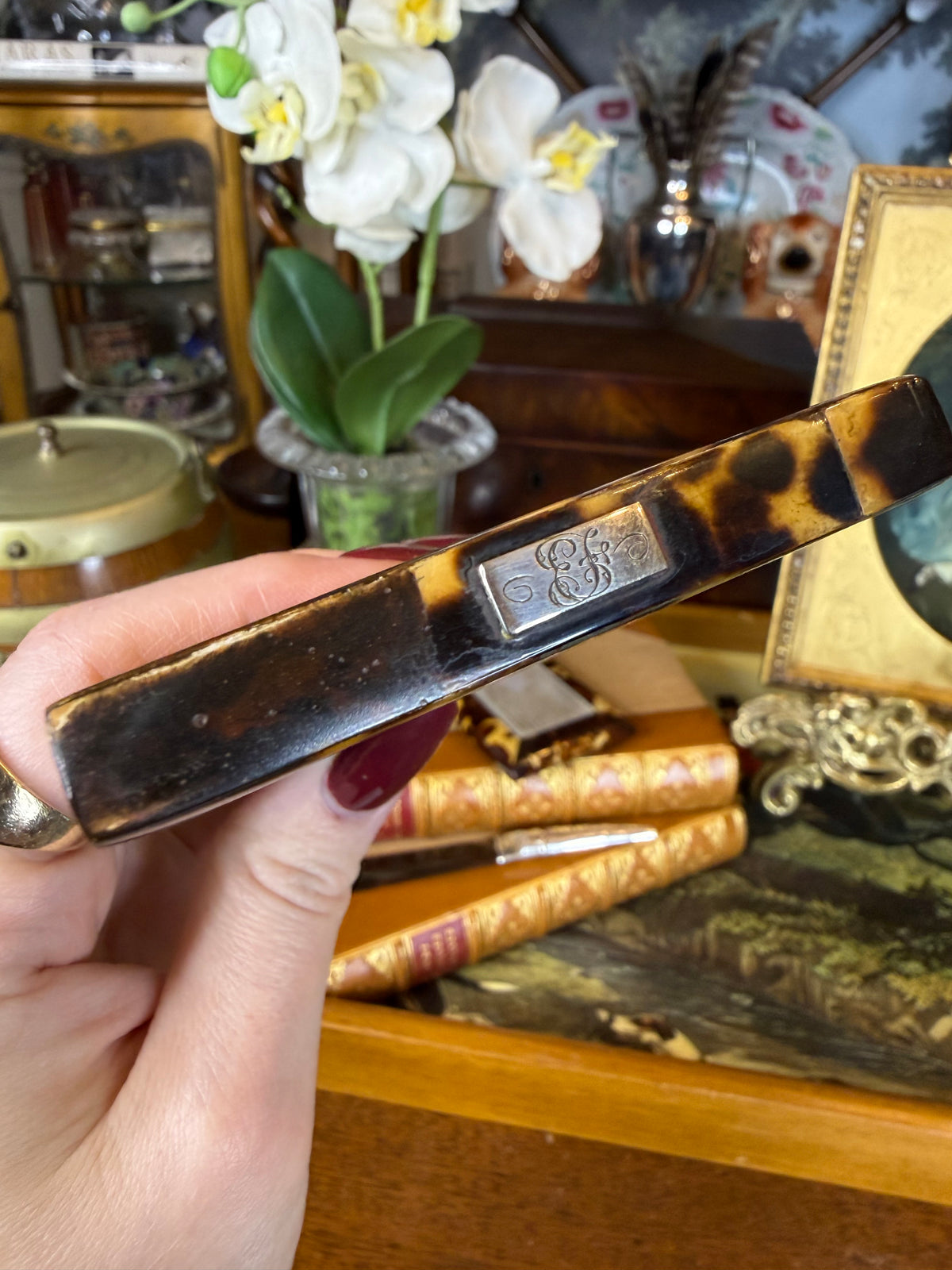 Antique Victorian Tshell🤎🐢 Calling Card Case | Mother-of-Pearl & Abalone Floral Inlay | Sterling Silver EF Monogram | 4” × 3”