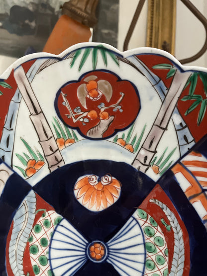 Rare Pattern Antique 12” Japanese Imari Scalloped Charger with Bats, Peaches & Fan Motifs - Circa 1870-1890 Arita