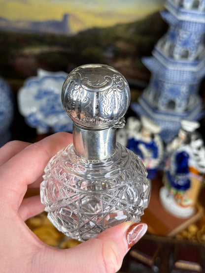 Victorian Cut Crystal Perfume Bottle with Sterling Silver Repoussé Lid – 4.5″