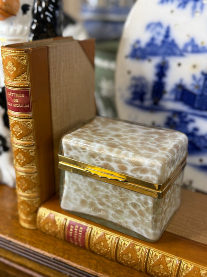 Vintage Murano Art Glass Casket Box | Aventurine & White Mottled Glass | Brass Mounted Trinket Box | 5” x 4” x 3”