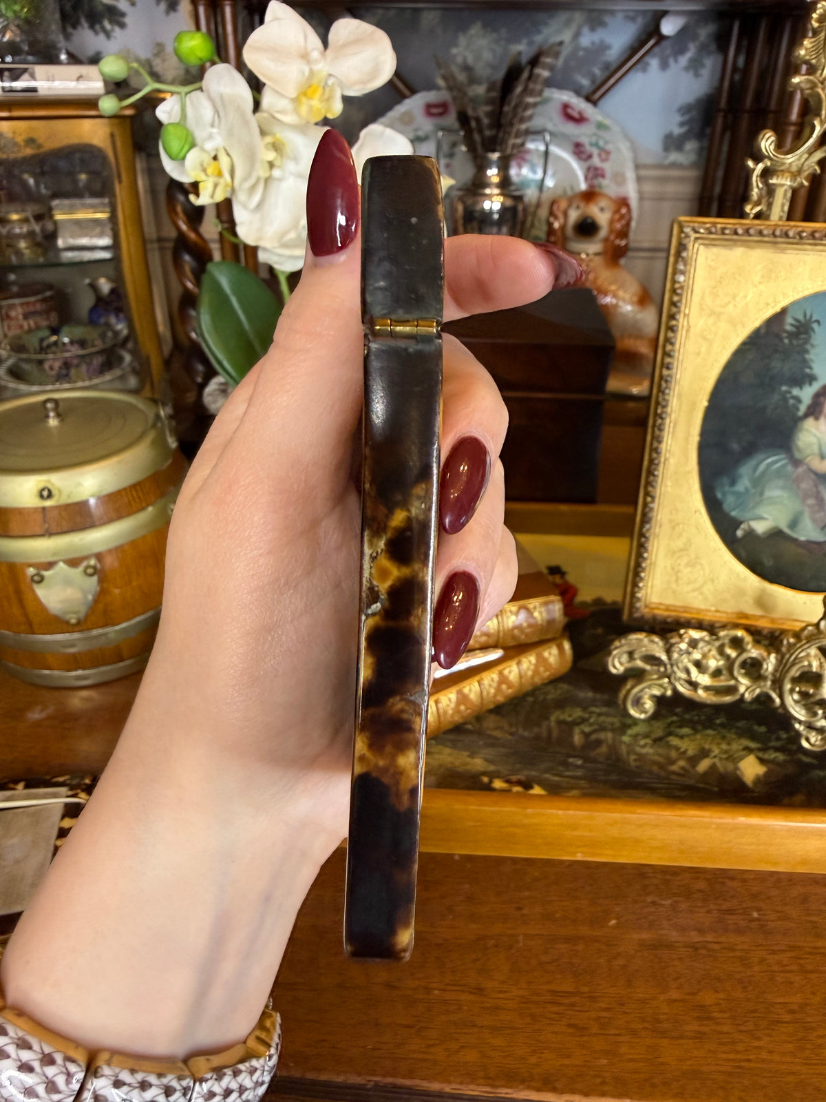Antique Victorian Tshell🤎🐢 Calling Card Case | Mother-of-Pearl & Abalone Floral Inlay | Sterling Silver EF Monogram | 4” × 3”