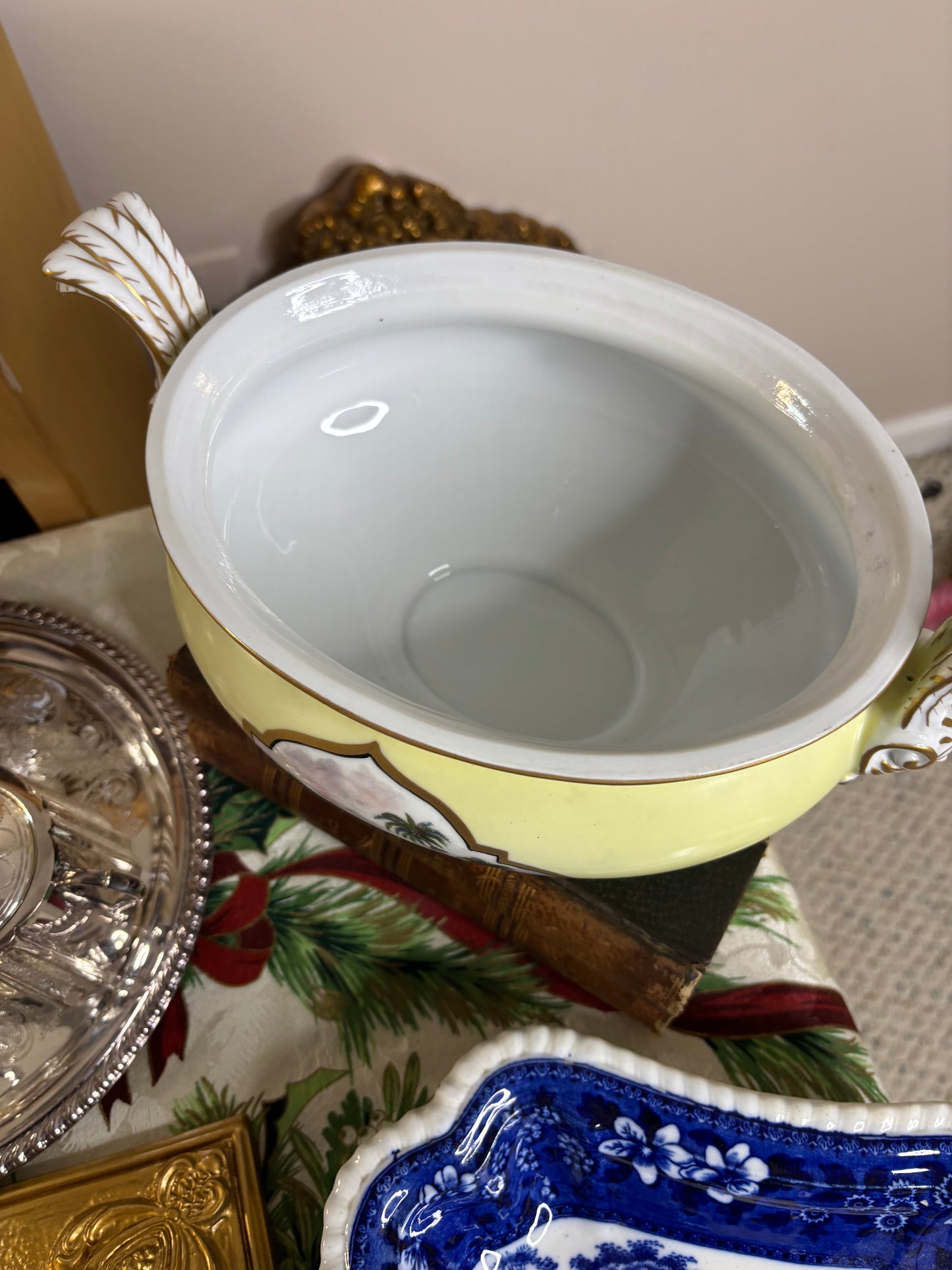Stunning Dresden lidded tureen with vivid scenes, gold detailing, and lovely handles!