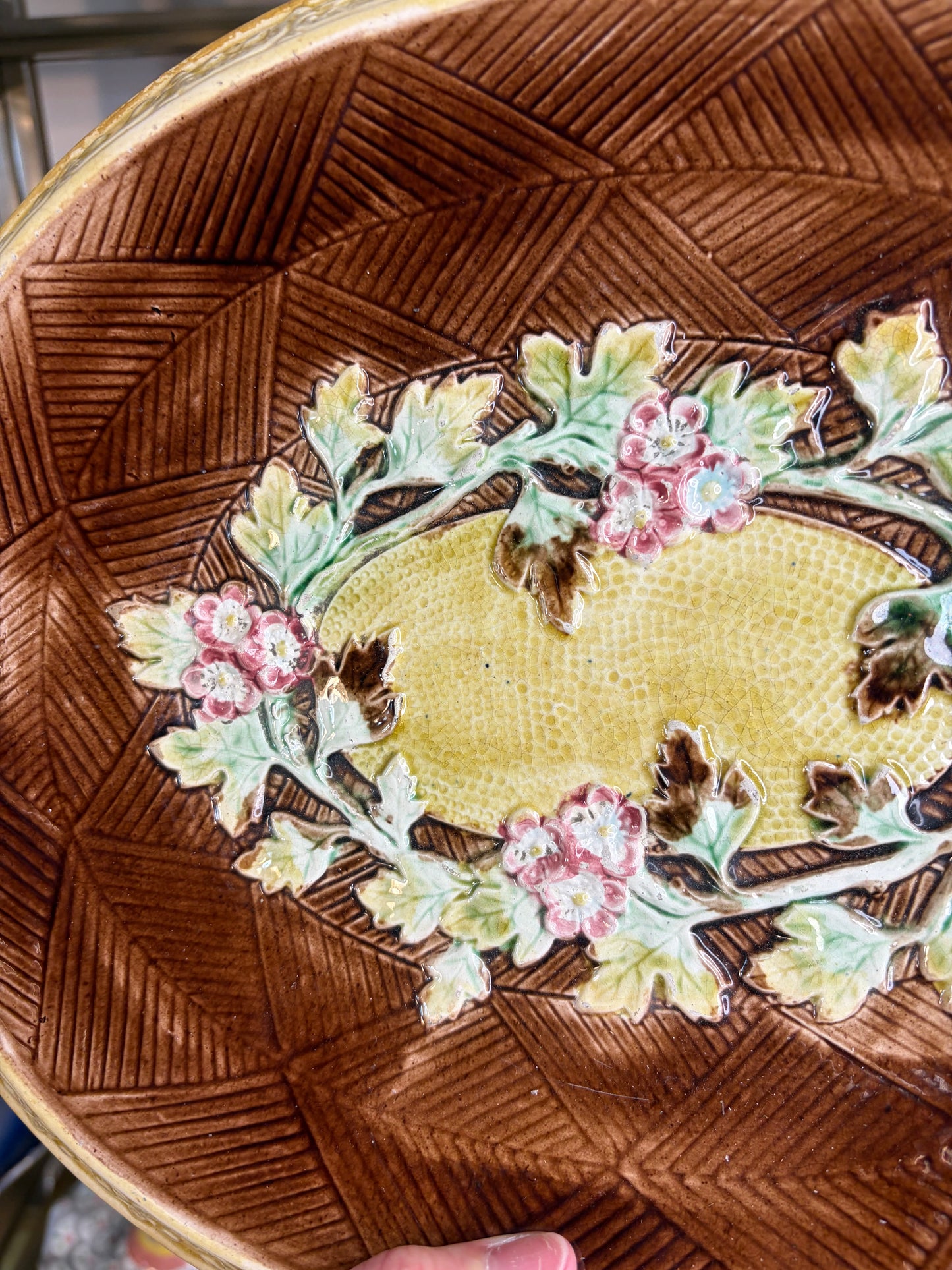 Antique Majolica bread platter with beautiful flowers!