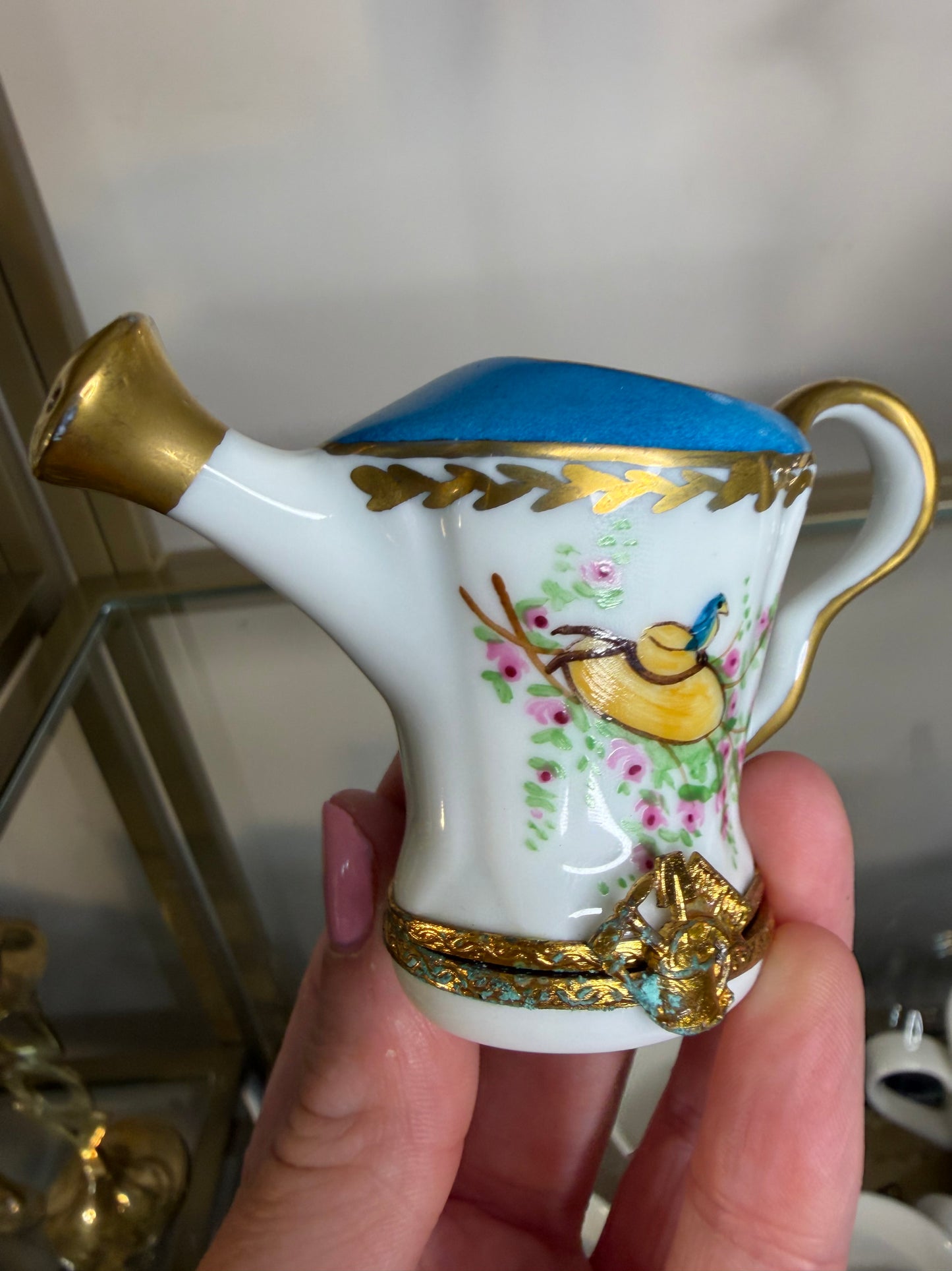 Sweetest handpainted Limoges porcelain watering can trinket box featuring a delicate bird and floral design!