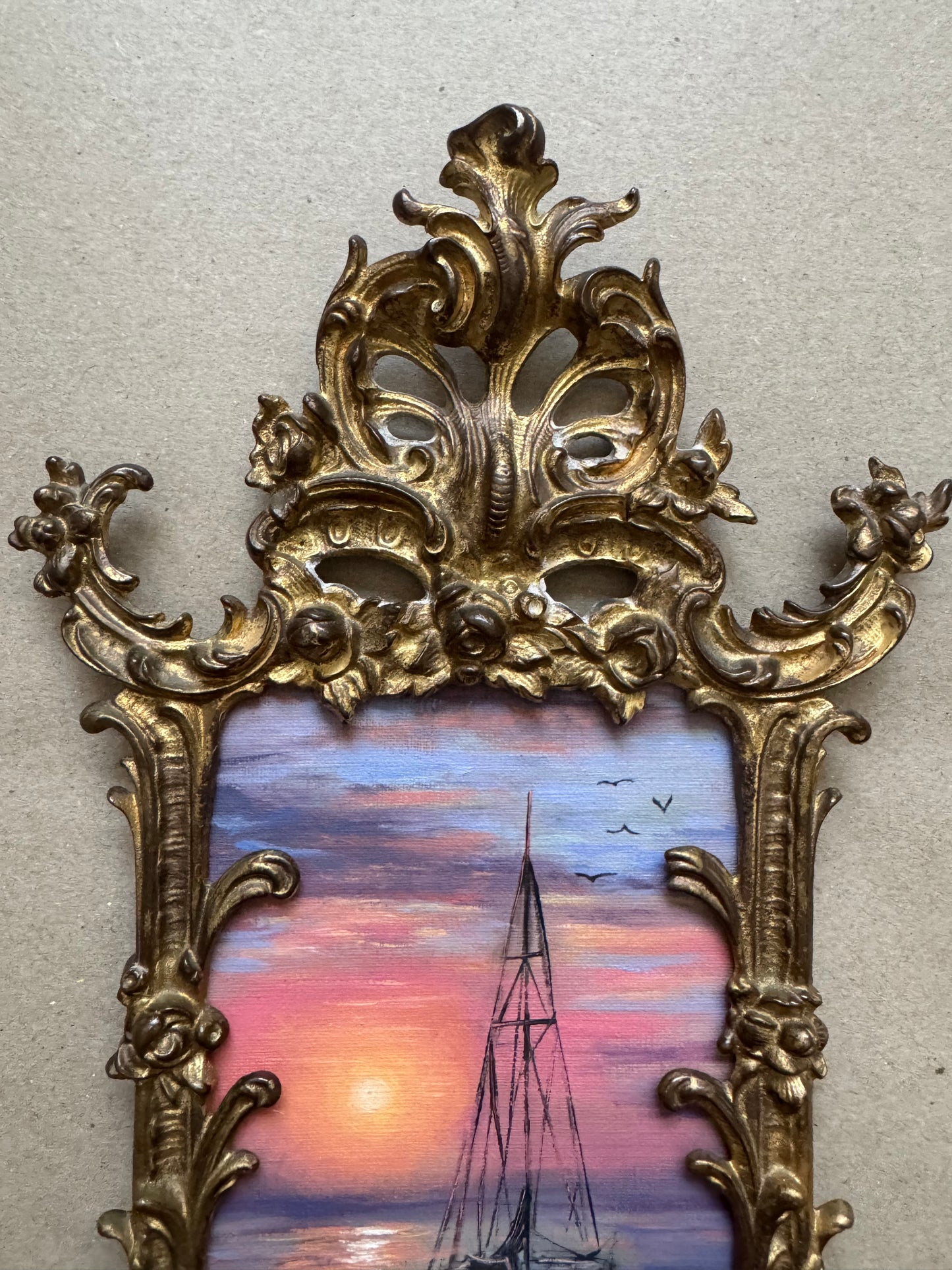 Original artwork seascape in antique brass frame 12x7”