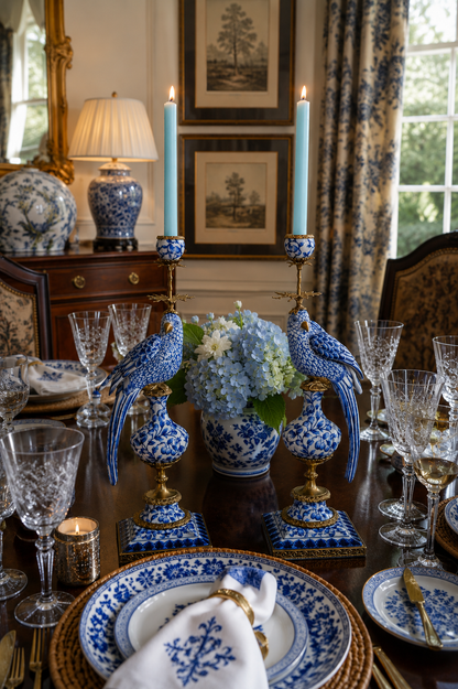 Danny's Fine Porcelain - 21” Blue & White Bronze Bird pair Candle holders (2) Pair