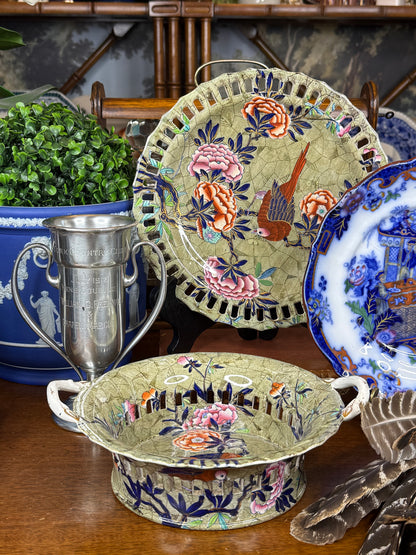 Spode “Tumbledown Dick” Chestnut Basket & Stand | Polychrome Chinoiserie | c.1820 | 9.5” D | #DA4592