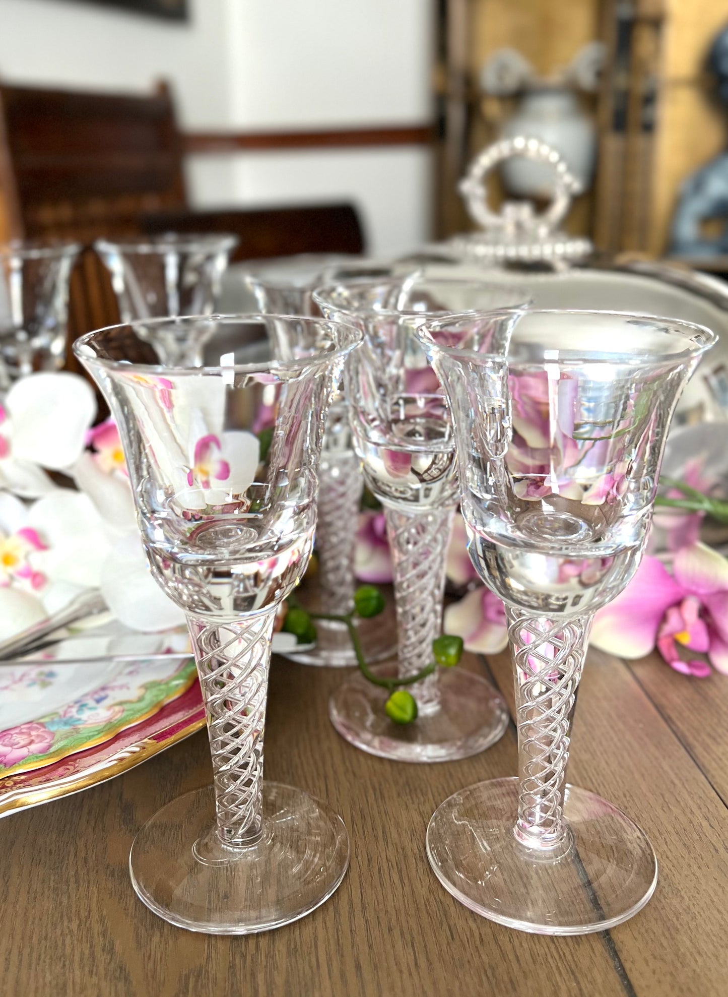 19th-Century Set of Six Air-Twist Stem Glasses — Antique Cut & Hand-Blown Elegance
