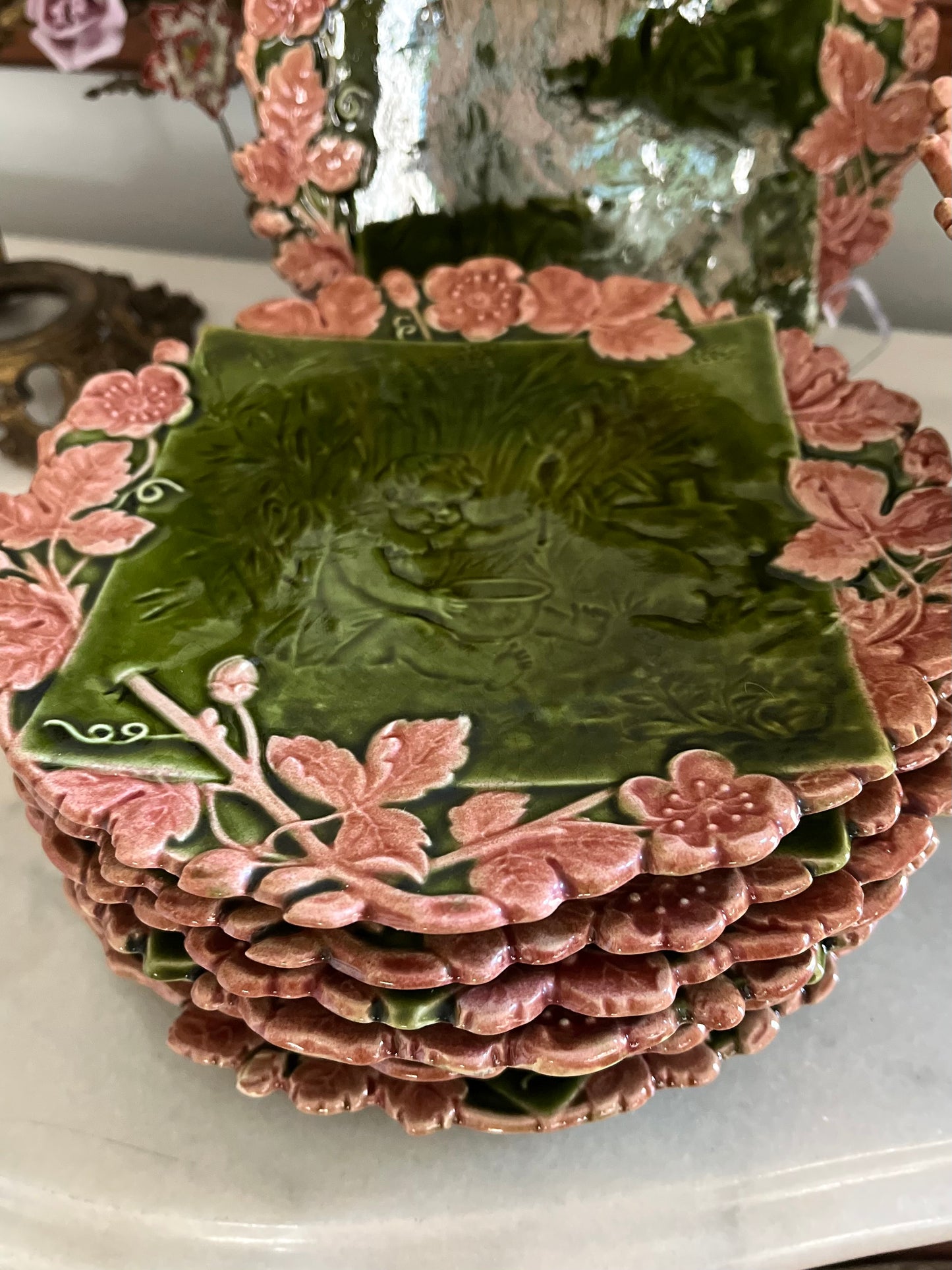 Rare Majolica Set - Antique Schütz Cilli Continental Dessert Service — Putto & Blossom, Set of 8 Plates + Cake Stand