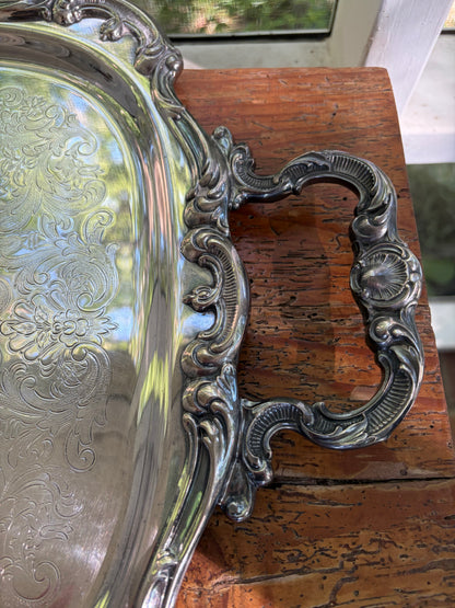 Stunning Gorham Newport large ornate silverplated serving tray with shell motif handles!