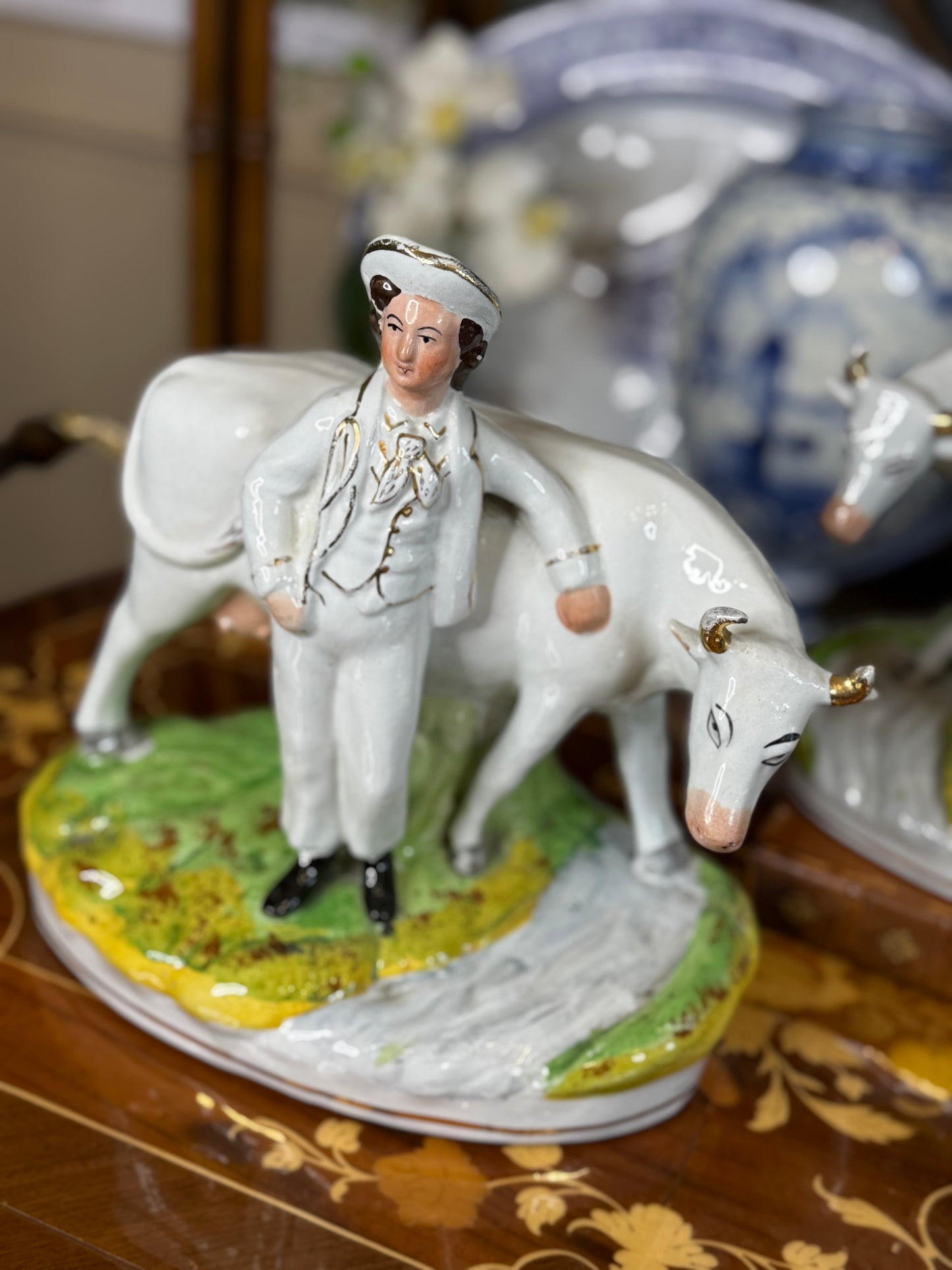 Antique Staffordshire Cow & Milkmaid Flatback Figures | Right & Left Pair | Victorian England | c.1860